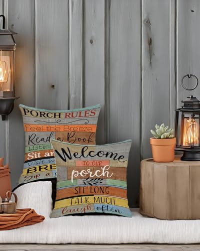 Jartinle Decorative Outdoor Pillow Covers Porch Rules Sign Farmhouse Throw Pillow Covers, Square Linen Patio Cushion Cases for Couch Bench Seat Chair Car 18x18 Inch
