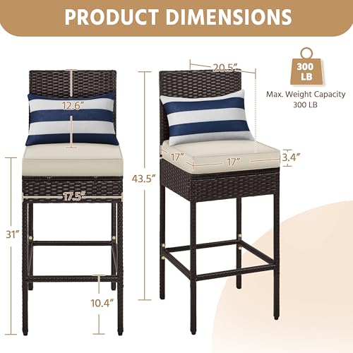 Yaheetech Set of 4 Patio Bar Stools, Outdoor PE Rattan Bar Height Chairs with Cushions & Footrests & Backrest for Indoor/Outdoor/Backyard/Porch, Max.Load 300Lb, Brown/Beige