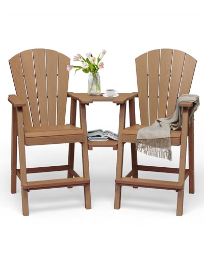 SUUNYN Tall Adirondack Chairs Set of 2, HDPE High Adirondack Chairs with Double Removable Trays, All Weather Outdoor Barstools for Patio, Balcony, Backyard, Deck and Garden, Teak