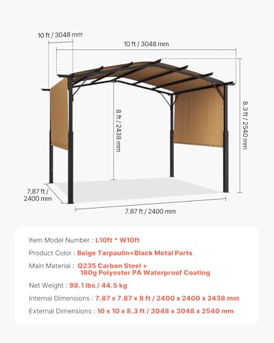 VEVOR 10 x 10 ft Outdoor Pergola, Arched Top Metal Pergola, Retractable Pergola with Sun Shade Canopy, Large Patio Shelter Pavilion, Heavy Duty Garden Pergola for Deck Backyard Porch Poolside