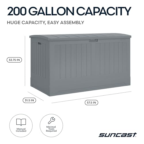 Suncast 200-gal. All-Weather Patio Deck Box, Made in the USA, with Pad-Lockable Lid, Extra-Large Outdoor Storage Unit for Patio Furniture and Grill Tools, Dove Gray Color