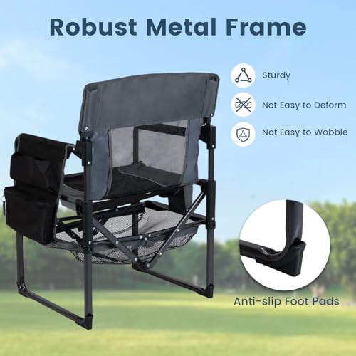 COSTWAY Heavy Duty Outdoor Camping Chair for Adults, Portable Folding Lawn Chair with Cup Holder, Side Pocket, Bottle Opener, Mesh Storage Shelf, Sturdy Metal Frame for Hiking, Fishing (2,Black)