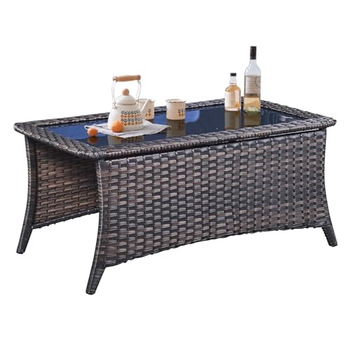 Belord Outdoor Coffee Table with Tempered Glass Top, Patio Rectangular Brown Wicker, Handwoven Rattan Coffee Table Compatible with Patio Furniture Sets for Porch Deck Backyard