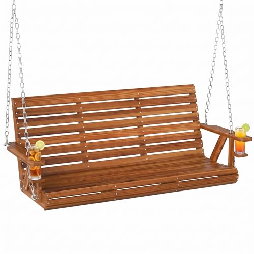 Outsunny Upgraded Wooden Porch Swing 3-Seater, 5 FT Outdoor Patio Swing Bench with Cupholders, Hanging Chains, Swing Chair Bench for Patio Garden Yard, Carbonized