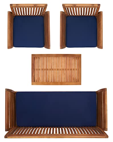 SAFAVIEH Outdoor Collection Carson Natural/ Navy Cushions 4-Piece Conversation Patio Set