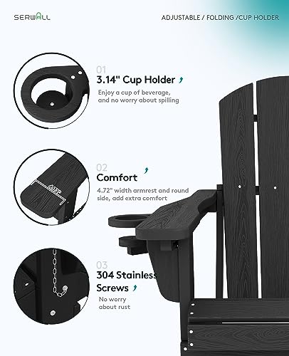 SERWALL Folding Adirondack Chair Set of 6, Adjustable Adirondack Chair with 3 Recline Positions, All Weather HDPE Outdoor Adirondack with Cup Holders, Black