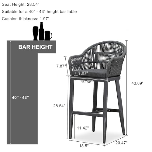 PURPLE LEAF Outdoor Bar Height Stools Set of 2 Patio Metal Modern Wicker Rattan Bar Chairs Woven Aluminum Barstools with Back and Cushions for Balcony Garden Indoor Kitchen Outside Gray