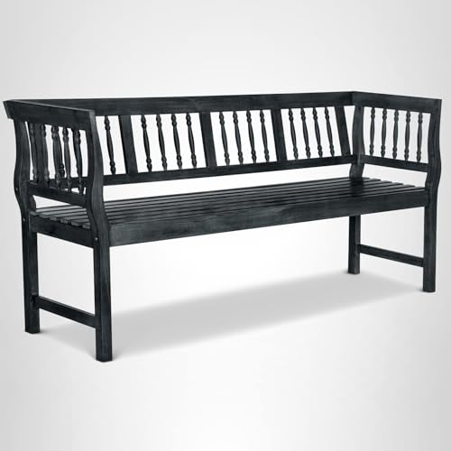 SAFAVIEH Outdoor Patio Furniture Collection – Brentwood Dark Slate Grey Distressed Acacia Wood Bench with Silver Accents, Classic Outdoor Seating for Porch or Garden (PAT6732K)