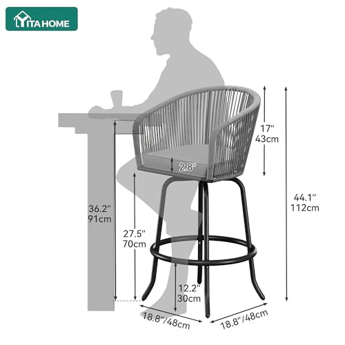 YITAHOME 27" Bar Stools Set of 2 with Arms & Cushions, 360° Swivel Outdoor Bar Stools, All Weather Counter Height Bar Stools Set of 2 with Curved Back for Backyard, Kitchen Island, Dining Room, Gray