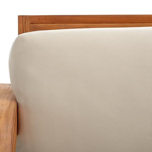 SAFAVIEH Couture Outdoor - Andros Sofa - Brown & Beige - Brazilian Teak Wood - Slatted Design with Removable Cushions - Ideal for Patio, Deck, Porch, Backyard, 16" Seat Height (CPT1010A)