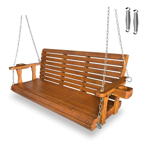 Wooden Porch Swing 3-Seater, Bench Swing with Cupholders, Hanging Chains and 7mm Springs, Heavy Duty 800 LBS, for Outdoor Patio Garden (Warm Teak Color, 5 FT Extra Large)