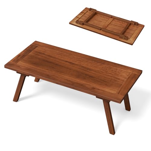 VINGLI Outdoor Folding Coffee Table, Natural Poplar Wood Patio Coffee Table, No Assembly Required, Ideal for Balcony, Porch, and Living Room, Rectangle, Natural