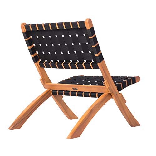 Balkene Home 62774 Sava Indoor Outdoor Folding Chair Low Slung Portable Seating Solid Acacia Wood Woven Seat & Back Indoors Porch Lawn Garden Fishing Sporting - Black Webbing