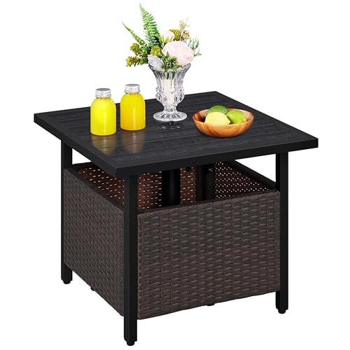 Yaheetech Outdoor Patio Side Table with 1.5" Umbrella Hole, PE Rattan Umbrella Stand, All Weather Wicker Bistro Coffee Table for Garden, Poolside, Deck, Black