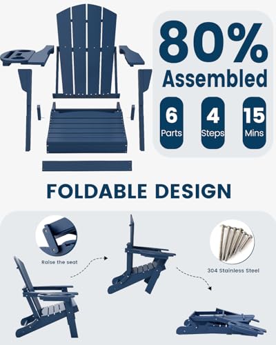 FOOWIN Folding Adirondack Chair Set of 4, HDPE Adirondack Chairs with Cup Holder, Weather Resistant Plastic Fire Pit Chairs for Outdoor, Patio, Lawn, Garden, Backyard, Deck, Dark Blue