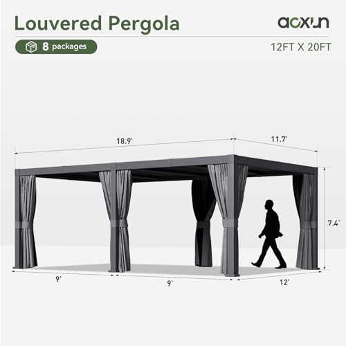 Aoxun Louvered Pergola 12x20 All-Aluminum Outdoor Gazebo with Independent Adjustable Roofs, Waterproof Curtains and Netting, Integrated Drainage System for Patios & Backyard