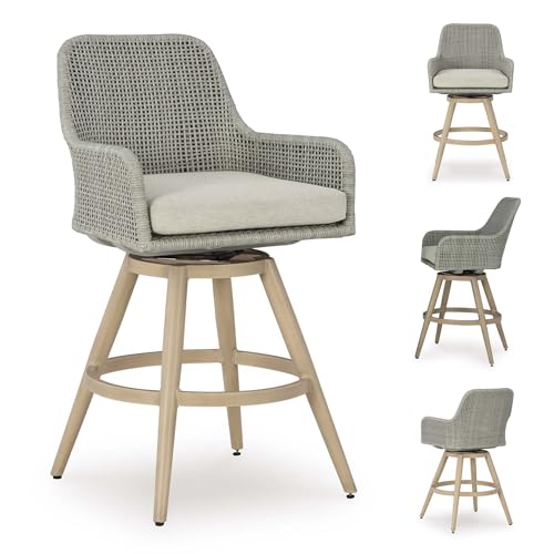 Signature Design by Ashley Seton Creek Casual Nuvella Weather Resistant Fabric, Resin Wicker Swivel Outdoor Bar Height Bar Stool with Cushion, Footrest and Armrest, Set of 2, Beige & Light Gray