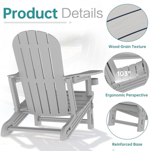 Shintenchi Adirondack Chairs Set of 2,HDPE Adirondack Chairs w/Removable Tablelop & Umbrella Hole,All-Weather Wooden Textured Plastic Outdoor Chairs w/Cup Holders for Garden Backyard Pool,Light Gray