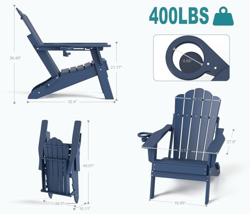 FOOWIN HDPE Adjustable Adirondack Chair Set of 2, 400lbs Heavy Duty Folding Patio Chairs with Cup Holder, 3-Position Reclining Fire Pit Seating, All-Weather Poly Lumber for Backyard, Deck - Navy Blue
