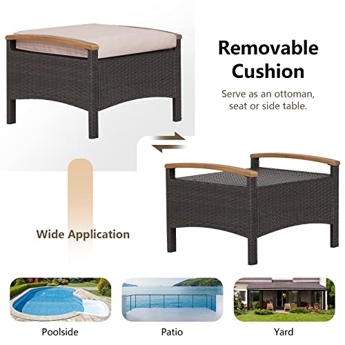 RELAX4LIFE Outdoor Wicker Ottomans for Patio - 2 Pieces PE Rattan Ottoman, Footrest Seat with Zippered Cushions, Acacia Wood Handles, 3-in-1 Footstool, Side Table for Poolside, Backyard (Brown)