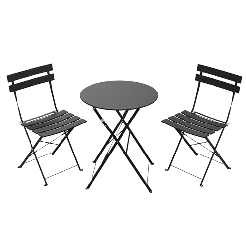 EO Living 3-Piece Steel Folding Bistro Set, Premium Weather-Resistant Patio Table & 2 Chairs for Balcony, Garden, Yard, Poolside & Indoor (Black)