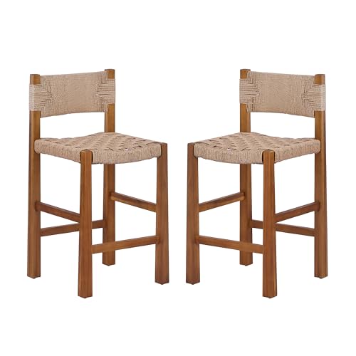 Christopher Knight Home 2-Pack Outdoor Counter Height Bar Stools with Backrest, Acacia Wood Frame Woven Wicker, 28" Patio Bar Chairs with Teak Finish for Deck Balcony Outdoor Bar Table, Light Brown