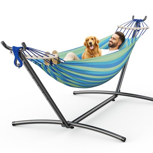 ANAGOO Double Hammock with Stand, 2 Person Hammock with Anti-Rollover Spreader Bar, Adjustable Height Heavy Duty Steel Stand, 500LB Capacity Portable Hammock for Patio Backyard Camping, Wide Blue