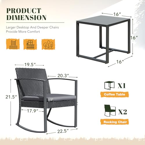 Devoko Resin Patio Furniture Set 3 Piece All Weather Outdoor Rocking Chairs with Cushions and Coffee Table for Bistro Balcony Porch (Gray)