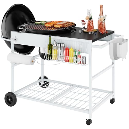 Shintenchi Grill Table for Weber 22" & 18" Original Kettle, Outdor Grill Cart with Wheels, Movable Outdoor Prep Table Cooking Station for JumboJoe and Master-Touch Charcoal Grill