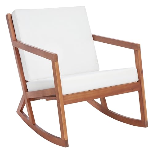 SAFAVIEH Outdoor - Vernon Rocking Chair - Natural & Beige - Solid Wood with Cushion - Shaker-Inspired Slatted Design - Ideal for Patio, Deck, Porch, Backyard, 24.6" Seat Height (PAT7013A)