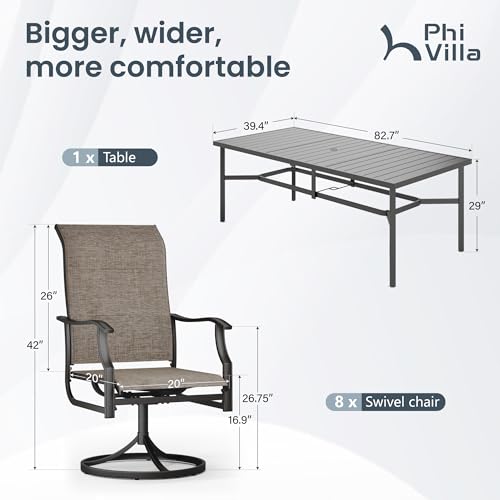 PHI VILLA 9 PCS Patio Dining Set for 8 Person, Padded High Back Outdoor Swivel Chairs and Large Metal Table, Patio Table and Chairs Set for Outdoor Deck Lawn Garden