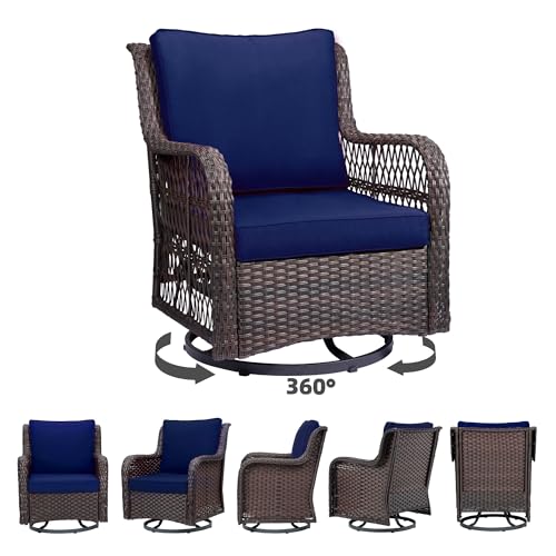 Towallmark Outdoor Swivel Wicker Glider Patio Chairs with Table Set, 3 Pieces Outdoor Bistro Set with 4”Thick Cushions and Coffee Table for Porch, Balcony, Deck (Blue)