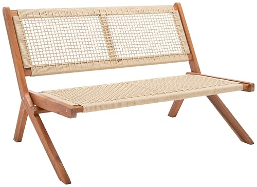 SAFAVIEH Outdoor - Kobina Folding Bench - Natural & Natural - Solid Wood and Rope - Modern Sculpted Folding Design - Ideal for Patio, Deck, Porch, Backyard, 13.8" Seat Height (PAT7304A)