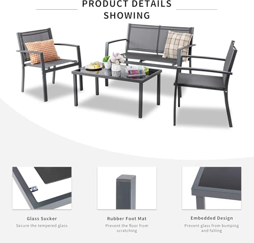Shintenchi 4 Pieces Patio Furniture Set All Weather Textile Fabric Outdoor Conversation Set, with Glass Coffee Table, Loveseat, 2 Single Chairs for Home, Garden, Lawn, Porch（Gray）