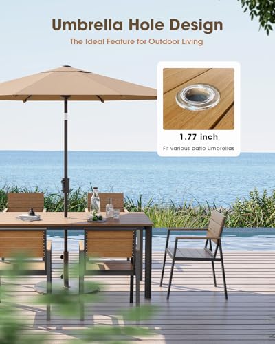 ComfCove Outdoor Dining Set, Aluminum Patio HDPS Outdooor Table and Chairs Set with Umbrella Hole, All Weather Patio Furniture Set, Patio Dining Table Set ,Gray & Teak ,7 Pieces