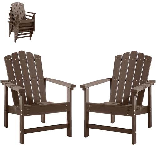 ACUEL Stackable Adirondack Chairs Set of 2, Weather-Resistant Outdoor Patio Seating, Low Maintenance Poly Lumber Chairs for Porch, Deck, Garden, Fire Pit (Brown)