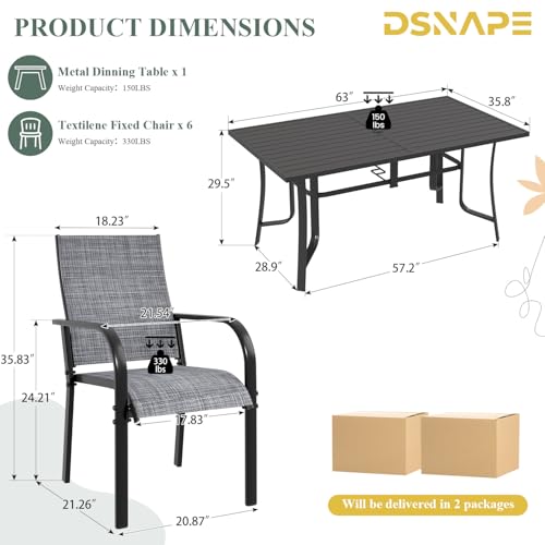 DSNAPE 7 Pieces Patio Table and Chairs Set, 63" Metal Dining Table with Umbrella Hole & 6 Textilene Fixed Chairs, Dining Table Set for 6, Outdoor Furniture for Porch Deck Backyard Balcony, Grey