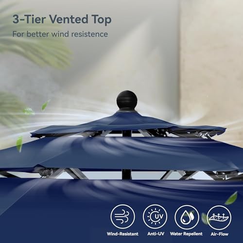 PHI VILLA 10ft Outdoor Patio Umbrellas for Outside, 3 Tier Vented Market Table Umbrella Windproof for Backyard, Deck, Garden, 1.5" Pole, Dark Blue（No Base）