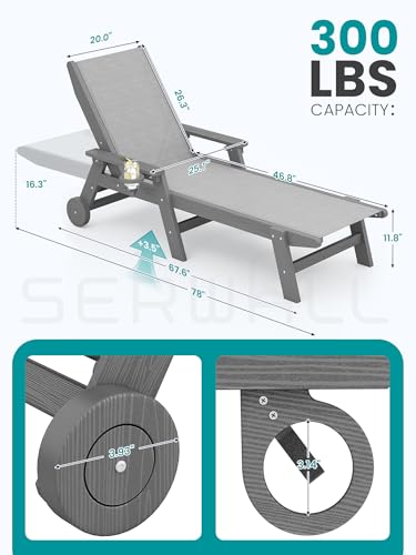 SERWALL Textilene Patio Chaise Lounge Chair Set of 2, 5 Positions Outdoor Lounger with Rolling Wheels for Pool, Deck, Gray