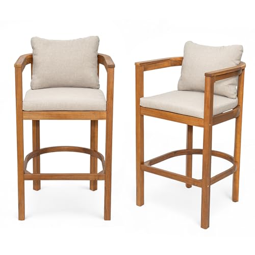 Christopher Knight Home Kuart Acacia Wood Outdoor Bar Stool Set of 2 with Cushion, Patio Armchair Set for Bar Table, Wooden Counter Height Patio Bar Stool with Footrest, Teak+Beige