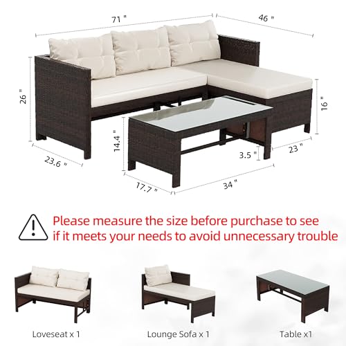 Shintenchi 3-Piece Outdoor Patio Furniture Sets, Wicker Patio Conversation Sets, All Weather Wicker Rattan Patio Seating Sofas with Glass Coffee Table and Cushion, Beige