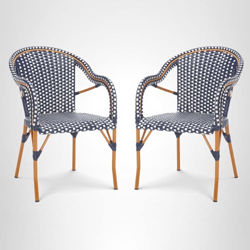 SAFAVIEH Outdoor - California Armchair Set of 2 - Navy & White - Faux Wicker & Aluminum Frame - Woven Bistro Design with Arms - Ideal for Patio, Sunroom, Dining Area, 17.3" Seat Height (PAT7531E-SET2)