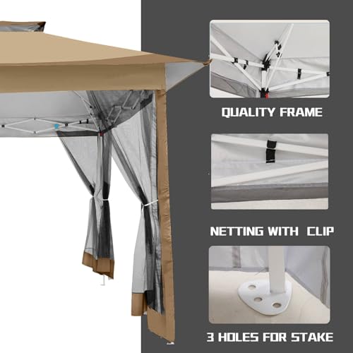 COBIZI 12x12 Pop Up Gazebos On Clearance - Upgrade Easy Up Metal Outdoor Gazebo Waterproof - Portable Gazebo with Mosquito Nettings, 4 Ropes 8 Stakes and Carry Bag for Patio Garden(Coffee)