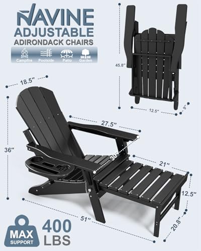 NAVINE Adjustable Adirondack Chair with Retractable Ottoman Set of 2, HDPE Folding Adirondack Chair with Cup Holder, All Weather Fire Pit Chair for Outdoor.