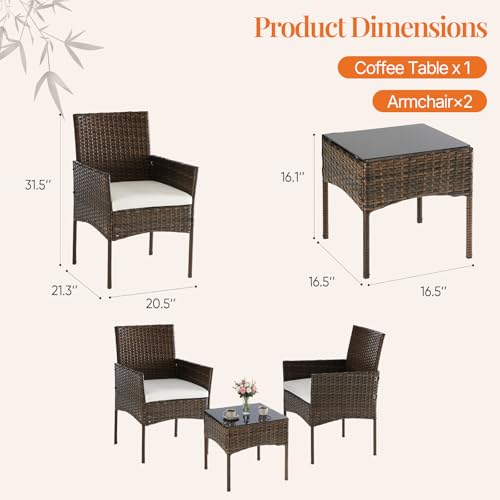 Sweetcrispy 3 Piece Patio Furniture Set, All-Weather Outdoor Conversation Set with Removable Cushions & Tempered Glass Table, Small Bistro Set for Balcony, Porch, Backyard, Deck, Brown