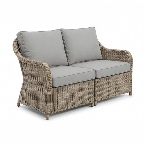 Martha Stewart Lily Pond Indoor-Outdoor Patio Loveseat in Weathered Gray Rattan Wicker with All-Weather Gray Back and Seat Cushions, 300 Lb. Static Weight Per Seat