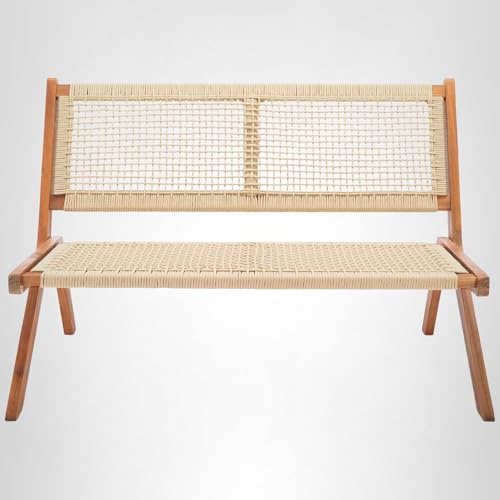 SAFAVIEH Outdoor - Kobina Folding Bench - Natural & Natural - Solid Wood and Rope - Modern Sculpted Folding Design - Ideal for Patio, Deck, Porch, Backyard, 13.8" Seat Height (PAT7304A)