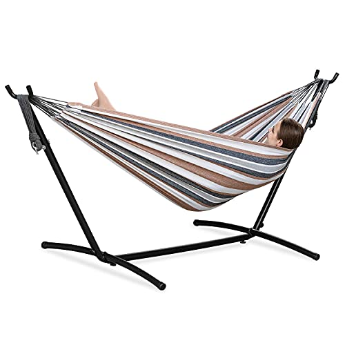 PNAEUT Double Hammocks with Stand for Outside, Portable Space Saving Heavy-Duty Steel Frame for Indoor Outdoor Patio Yard, Easy Assembly, 2 Person 450 lbs Capacity (Coffee)