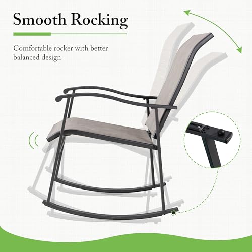 Shintenchi 3 Piece Rocking Bistro Set, Outdoor Furniture with Rocker Chairs and Glass Coffee Table Balcony, Porch Furniture for Small Space, Gray