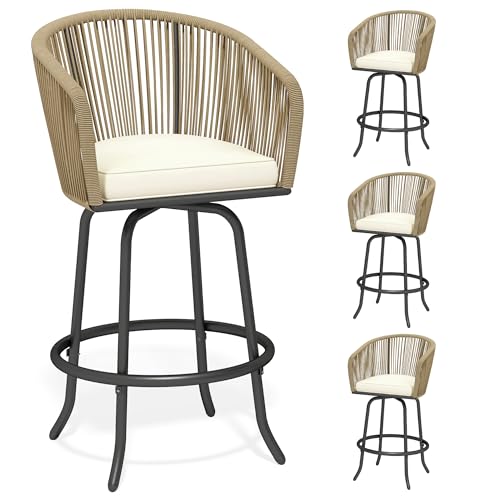 DWVO Outdoor Counter Height Bar Stools Set of 4, Patio Swivel Bar Chairs with Soft Cushions, 360° Rotation, Bar Height Rattan Chairs for Backyard, Poolside, Garden, Beige